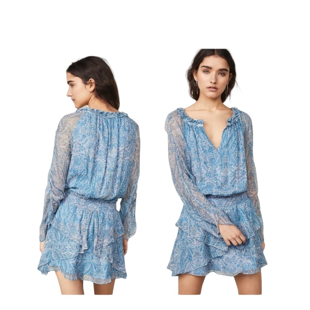 Ramy Brook Olina Silk Long Sleeve Ruffle Mini Dress XS